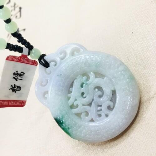 Zheru pure natural Jadeite carved light green two-color flying dragon pendant with green bead chain sweater chain