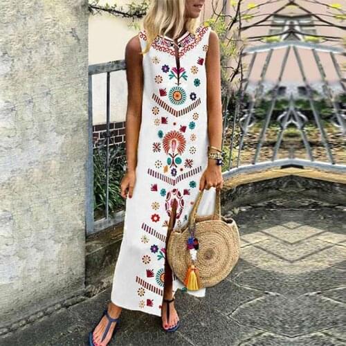 Summer Dresses 2019 New Women Summer Casual Boho Floral Sleeveless Long Maxi Dress Loose Dresses Plus Size