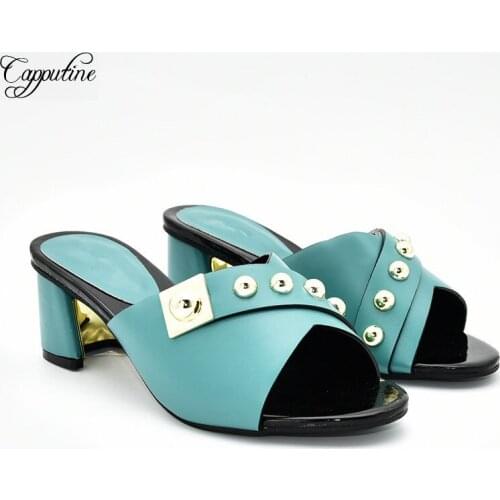 Fashionable teal green African high heel slip-on shoes for party 78-3, heel height 6cm, 5 color