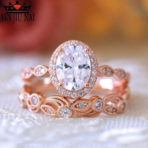 2 colors 2pc/ set Couple Alliance Paired Ring Set Women Wedding Band Hollow Zircon Oval Rose Gold Color Female Finger Ring Party
