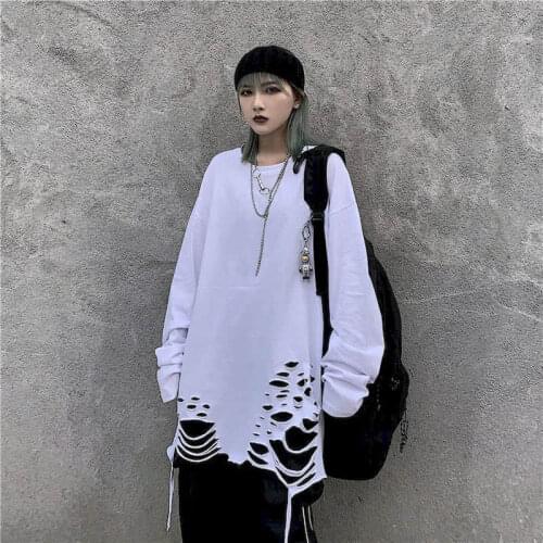 2021 Summer New Graphic Tees Casual Loose Long Sleeve Korean Punk Sweatshirts Shirts for Women Oversized T Shirt Goth Tops Solid