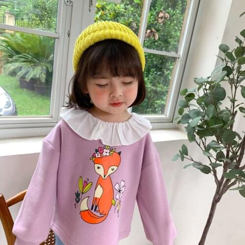 Autumn girls cute fox printed ruffled collar thin fleece inner casual sweatshirts kids loose all-match long sleeve Tops