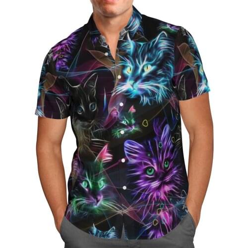 Color Cat 3D Beach Hawaiian 2021 Summer Blue Shirt Short Sleeve Shirt Streetwear Oversized 5XL Camisa Social Chemise Homme-885