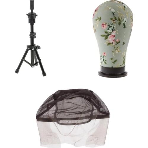 Stretchable Lace Net Canvas Head Cork Block Manikin Model with Tripod Holder Stand for Wig Lace Making Weaving