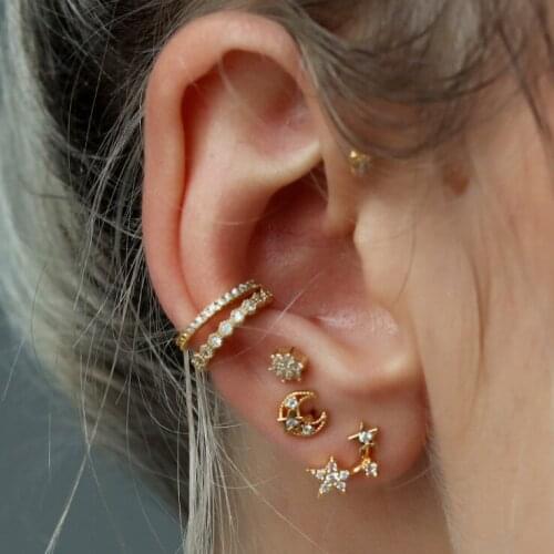 Rose gold silver color dainty delicate moon star studs earrings women girl delicate dainty cz moon classic earring