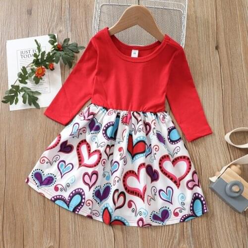 Spring Autumn Full Print Love Dress for Girl Kids Fashion Long Sleeve European and American Girls Dresses
