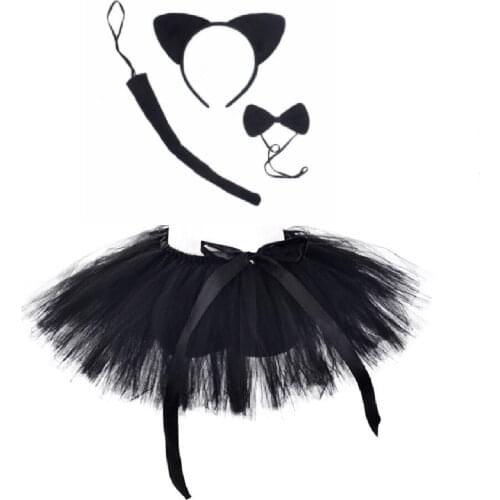 Girls Black Cat Tutu Skirt Baby Handmade Fluffy Tulle Skirt with Hairband Set Kids Party Skirt Halloween Cosplay Costumes