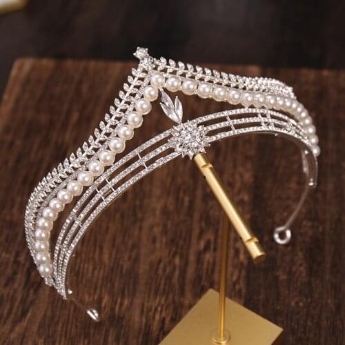 Pearl Rhinestone Crown and Tiara Wedding Accessories Round Crown Head Jewelry For Bride Hair Jewelry Hairband