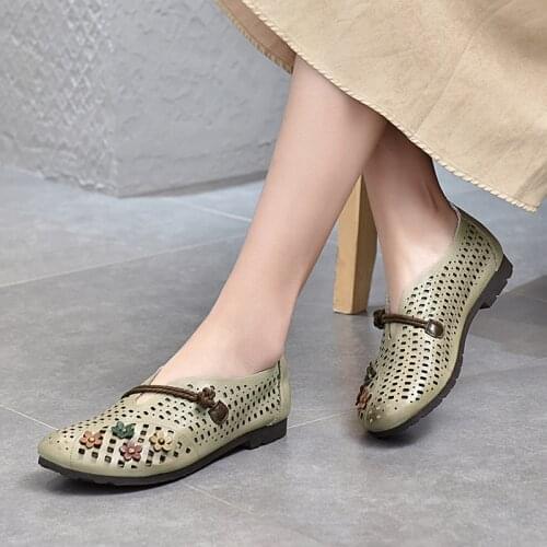 2021 Summer Ethnic Style Leather Womens Shoes Handmade Flowers Hollow Flat-heeled Soft Sole Single Shoes Cowhide Sandals