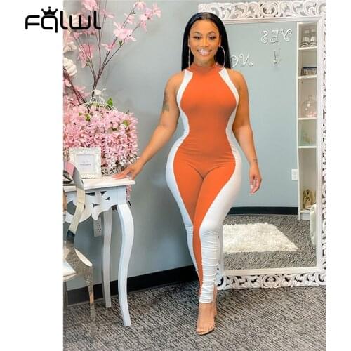 FQLWL Summer Streetwear Blue Black Patchwork Bodycon Jumpsuit Women Skinny Sleeveless Elastic One Piece Outfit Female Jumpsuit