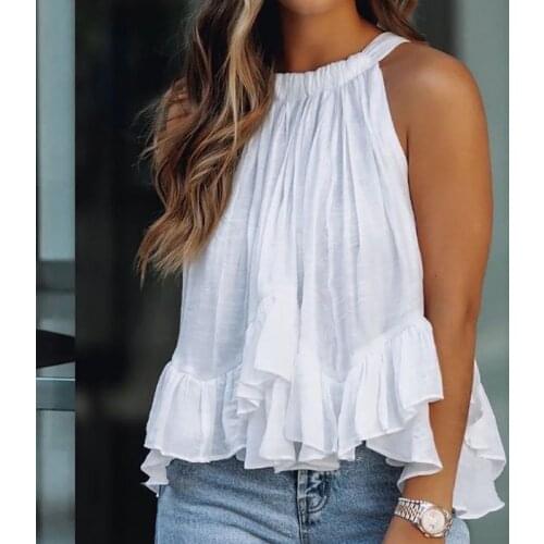 2021 Spring Summer Ruffles Beach Tops Pullover Mujer Sexy Halter Sleeveless Tank Blouse Women Elegnat Daisy Leopard Print Shirts