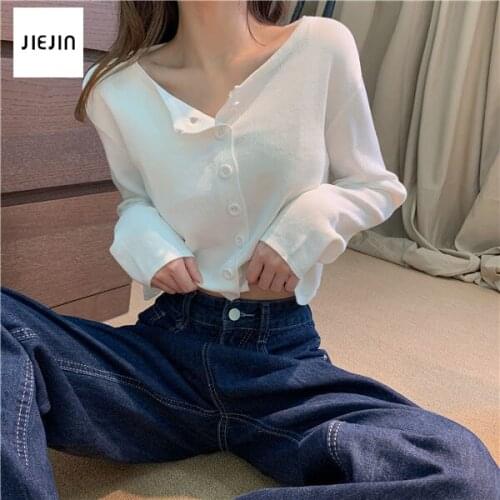 Summer Autumn Women Korean Fashion Sexy Long Sleeve Open Front Button Up Knitting Cardigan Crop Top Short Sweaters White