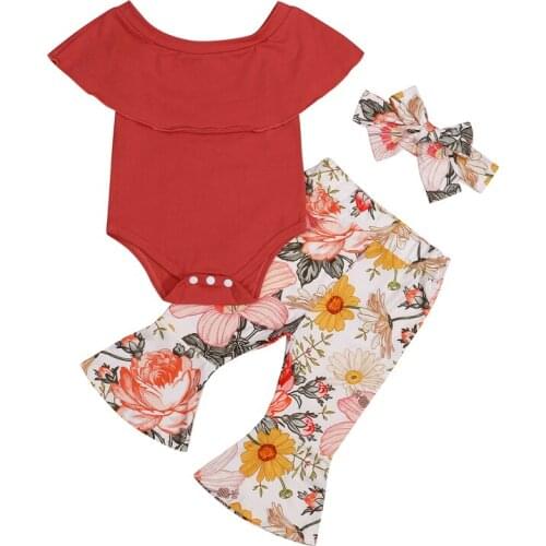 Pudcoco 3Pcs 0-24M Baby Girls Boys Summer Off-the-Shoulder Bodysuit Tops+Floral Print Flare Pants+Bowknot Headdress Clothes Sets