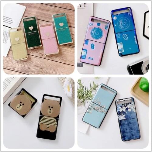 Glitter Fold Case for Samsung galaxy Z Flip SM F700F Cover Love heart / Flower / Bear Cute Bling Phone Case