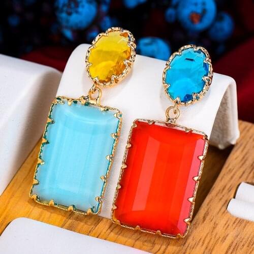 GODKI Bohemian Shiny Square Crystal Stone Earrings Pendants Green Earrings For Women Catholic Virgin Mary Jewelry Gift Bijoux