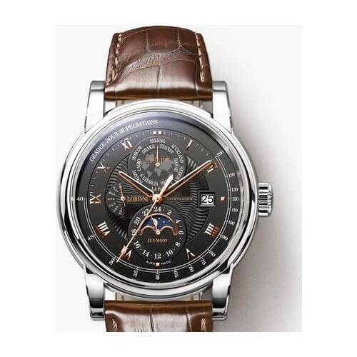 LOBINNI Men Fshion 50M Waterproof Business Automatic Mechanical Wrist Watch With World Time Week Date Sun Night Dial - Silver