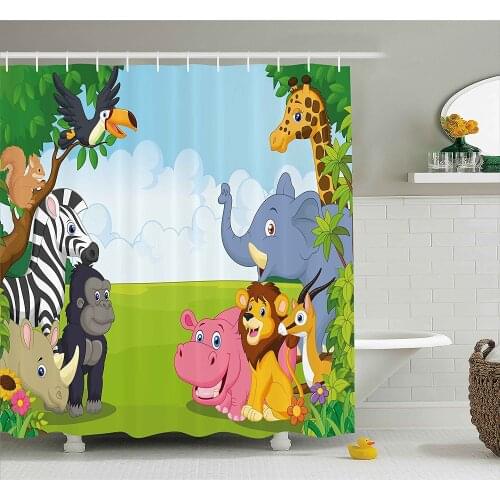 Kids Decor Shower Curtain Kids Decor Children Nursery Room Safari Themed Cartoon Animals Image Art Print Decor Set with Hooks