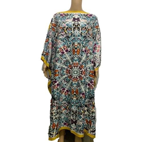 One-Shoulder Batwing Sleeve Bohemian Printed Silk Kaftan Maxi dress African popular Muslim Women 's Silk Full length dress