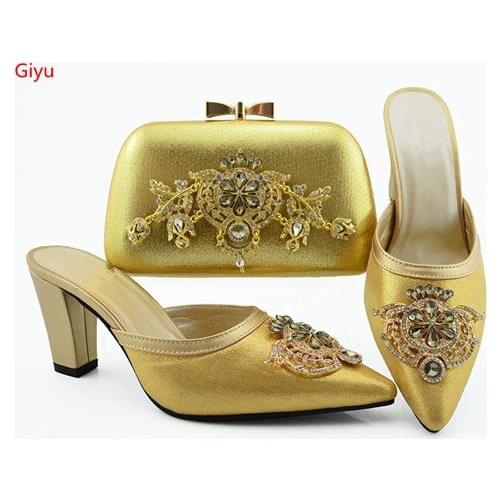 Doershow beautiful Shoes and Bag Set In Italy gold Color Italian Shoes with Matching Bag Set Decorated with Rhineston!HVC1-36