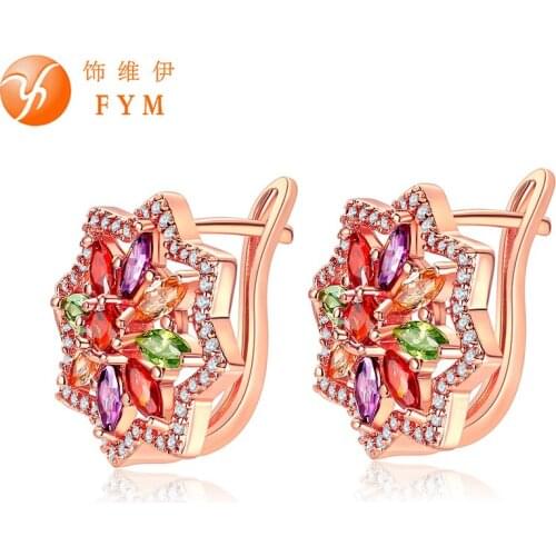 FYM Fashion Luxury Rose Gold Color Flower Shape Earrings Colorful Cubic Zirconia Hoop Earrings jewelry Accessories For Party