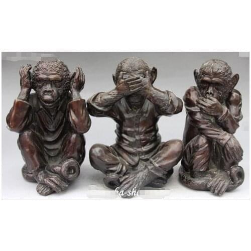 SCY 1114+++Chinese Antique Bronze No Speak Hear See Three Monkey Monkeys Animal Statue Set