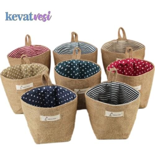 Jute Cotton Linen Storage Basket for Sundries Cosmetics Organizer Hanging Pocket Flowerpot Small Sack Storage Bag Home Decor