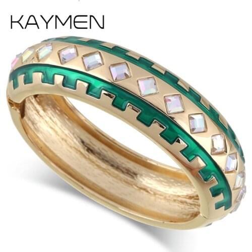 Women Loved Statement Fashion Bangle Bracelet & Golden Plated Inlaid Square Crystals Cuff Bangle for Wedding Party Gift