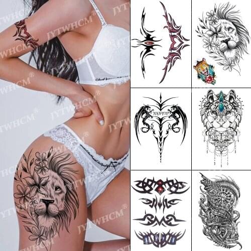 Fashion Women Temporary Tattoo Stickers Black Lion Design Full Flower Tiger Arm Body Art Bigger Large Fake Tattoo Sticker Female