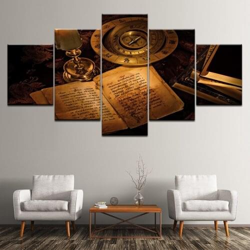 Home Decor Modular Picture For Living Room Art 5 Pieces/Pcs Paper Books Old Compass Painting Poster Printed On Canvas Wall
