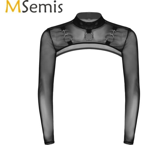 MSemis Male Mens Transparent Moto Sexy Tops Long Sleeve O-Ring Decor T-Shirt See-Through Mesh Half Crop Top Party Clubwear