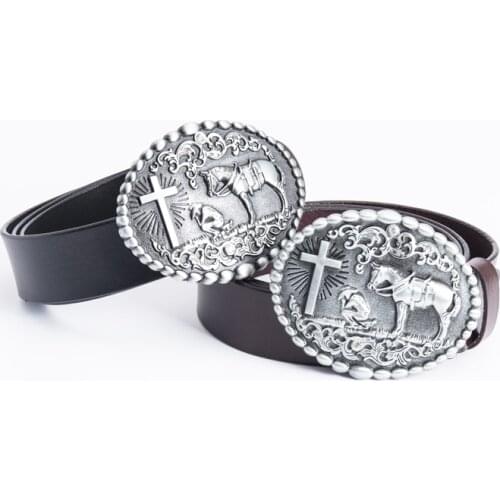 European American Popular Mens belt Western Cowboy Personality Retro Horse Cross Big Buckle Luxury Leather Pin Buckle Mens Belt