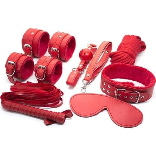 Sexy BDSM Bondage Set Leather Plush Handcuff Ankle Cuff Rope Eye Mask Whip Collars Restraints 7Pieces/Set Couples Sex Game Toys