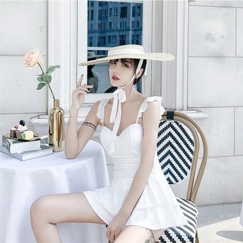 2021 New Korean Women Swimsuit Women One Piece Swimwear Push Up Swimdress Bathing Suit Beachwear Solid Swimming Swimskirt