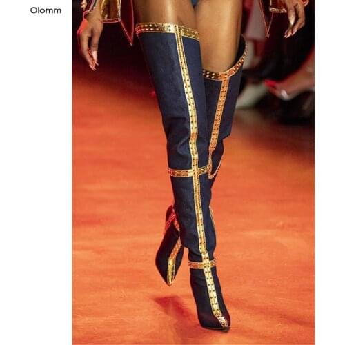 Olomm Handmade Women Thigh High Boots Super Sexy Studded Stiletto Heels Pointed Toe Gorgeous Blue Party Shoes Women US Size 5-15