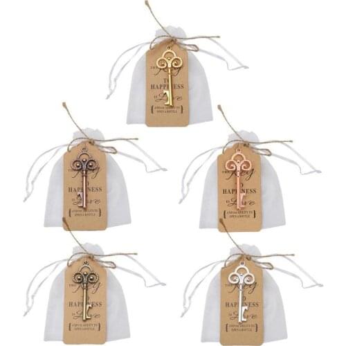 10pcs Rose Gold Skeleton Key Bottle Opener with Tag Card and Twine for and Drawstring Sheer Bags Wedding Favors Baby Shower Dec