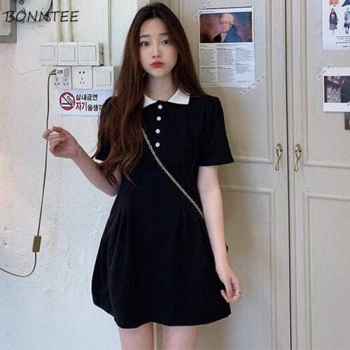 Dress Women Students Minimalist Button Ulzzang Summer Soft Chic Leisure Popular High Waist Kawaii Sweet Clothing Ladies Basic