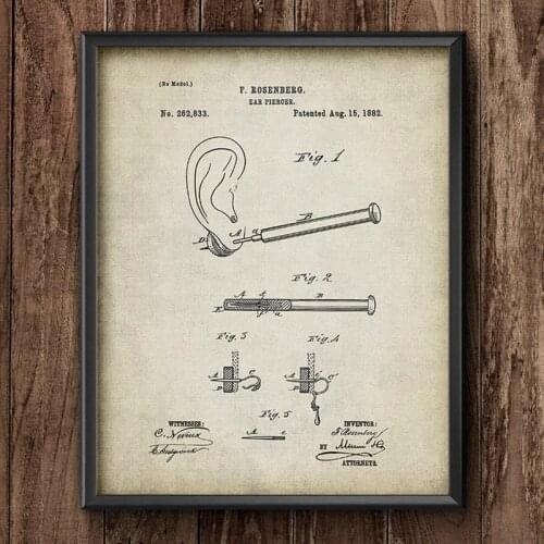 Ear Piercer 1882 Patent Print Vintage Poster Tattoo Shop Wall Art Decor Retro Blueprint Wall Picture Gift idea Canvas Painting