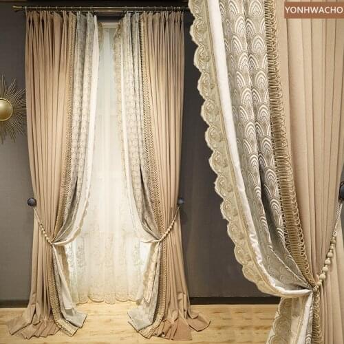 Custom curtain high grade American luxury bedroom beige yellow thick Velvet cloth blackout curtain tulle C611