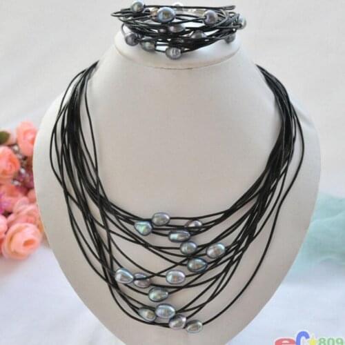 Hot sell new - wholesale 15row 13mm black rice pearl black leather necklace bracelet