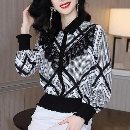 Women Blouse Autumn Winter Lace Stitching Long-Sleeved Shirt Plaid Shirt Blusas Ropa De Mujer