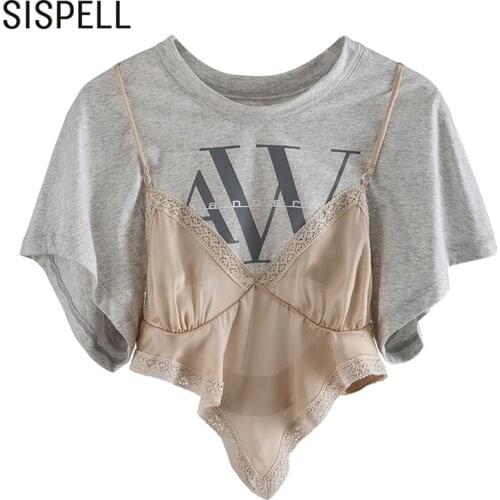 SPELL Patchwork Sling For Female T Shirts O Neck Short Sleeve Irregular Hem Navel Exposed Slim Women’s Casual T Shirt 2020