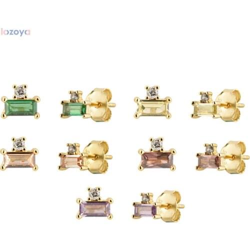 LOZOYA 100% 925 Sterling Piercing Ohrringe Women Silver Small Zircon CZ Stud Earring 10 Color Mini Square Rock Punk Jewelry