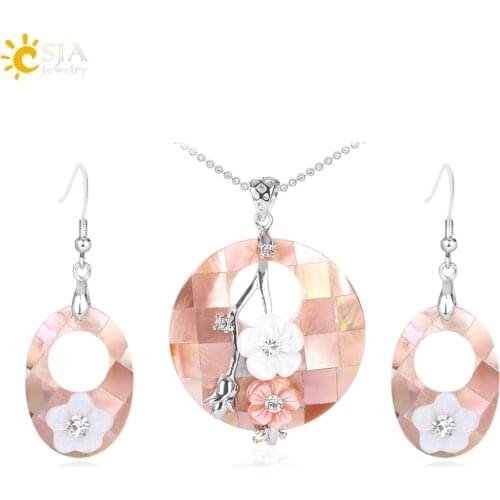 CSJA Natural Pearl Shell Pendant Necklace Earrings Jewelry Set Pink Abalone Shells Flowers Drop Earring for Women Jewellery F617