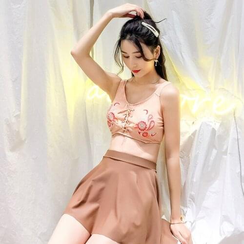 Womens Swimsuit Multi-piece Swimwear Sexy Push-ups Short Skirt High Waist Sleeveless Landscreen Beach 3pcs/set