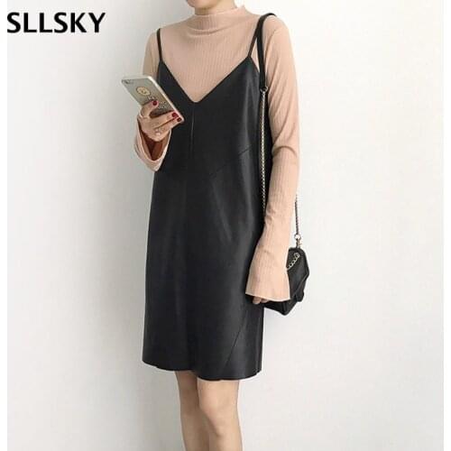 SLLSKY New Womens Leather Dress Casual 2020 Autumn V-neck PU Leather Dresses Black Sexy Female Spaghetti Strap Shorts Dress