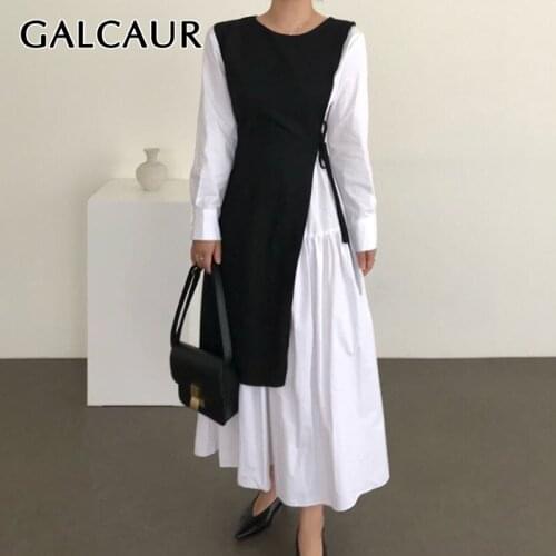 GALCAUR Patchwork Dress For Women O Neck Long Sleeve Lace Up Hit Color Ruched Oversized Chic Style Dresses Female 2020 Clothing