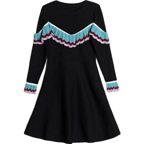 2020 New Autumn Winter Women Base Dress Korean Fashion Contrast Color Patchwork Slim Knitted Sweater Dress Elegant Dress
