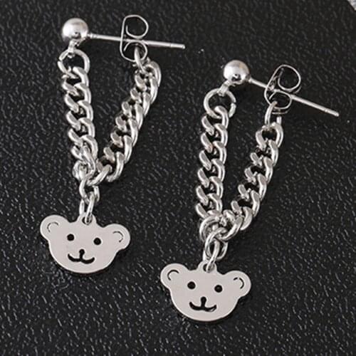 2021 New Fashion Silver Color Round Chain Long Tassel Earrings Cute Bear Stud Earrings For Women Simple Earring Chain Jewelry