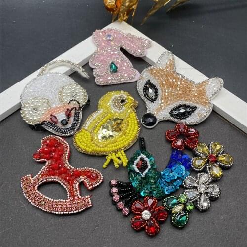 3D Handmade Rhinestone Bead Patch Shining Animal Sew on Clothing Rabbit, Horse, Chicken, Fox, Peacock Rice Bead DIY Accessories