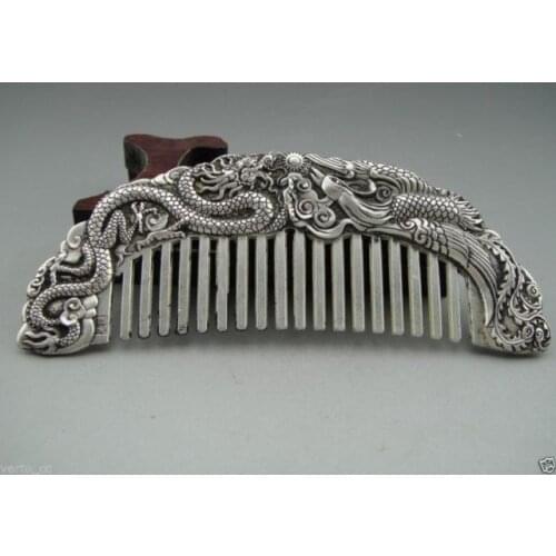 5.0"Collectibles Handwork Tibet - Silver Dragon phoenix Wonderful Comb